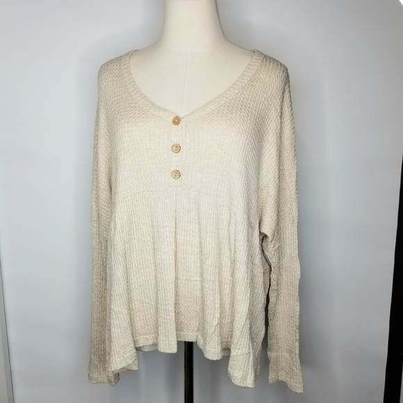 Jolie Tops - Jolie Beige Dolman Longsleeve Flared Hem Half Button Waffle Thin Top , 1XL